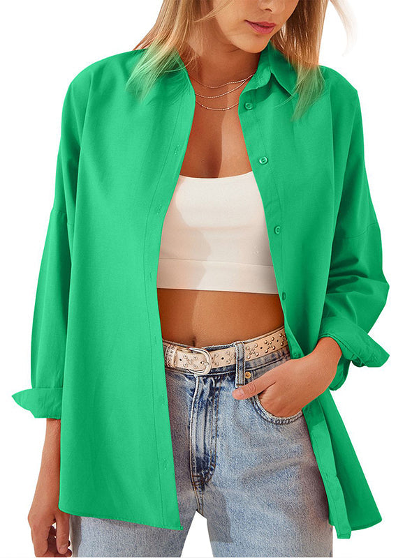 Buttoned Solid Color Long Sleeves Loose Lapel Blouses&Shirts Tops