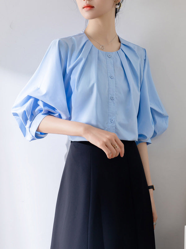 Buttoned Pleated Solid Color Half Sleeves Loose Round-Neck Blouses&Shirts Tops