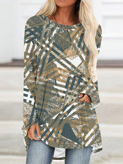 Plaid Printed High-low Long Sleeves Round-neck T-Shirts Tops
