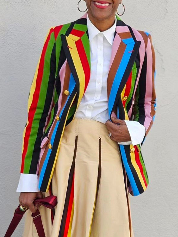 Buttoned Colorful Contrast Color Striped Long Sleeves Notched Collar Outerwear Blazer