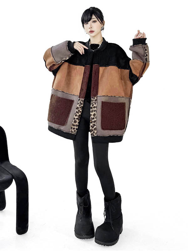 Buttoned Contrast Color Reversible Split-Joint Long Sleeves Loose Round-Neck Outerwear Cardigan Tops