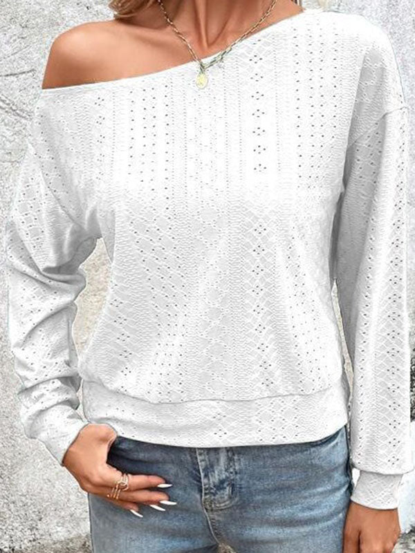 Asymmetric Solid Color Split-Joint Long Sleeves Loose One-Shoulder T-Shirts Tops