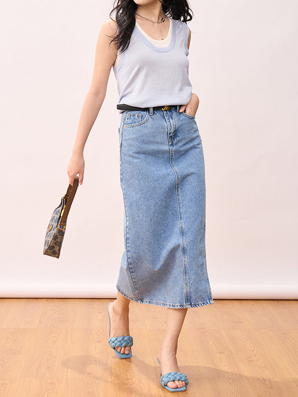 Contrast Color Split-Joint False Two Loose Round-neck Vest Top