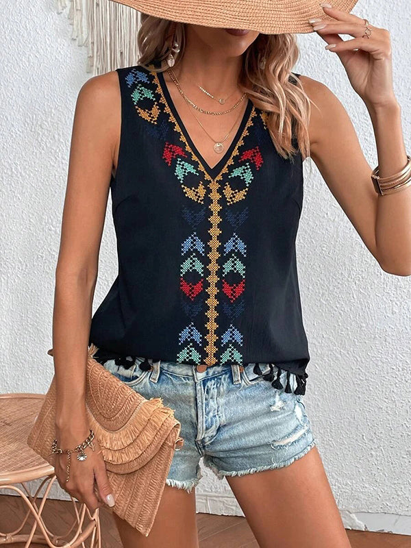 Embroidered Tasseled Loose Sleeveless V-Neck Vest Top