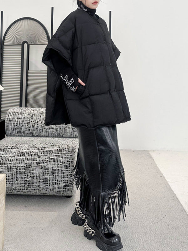 Buttoned Solid Color Batwing Sleeves Half Sleeves Round-Neck Padded Vest