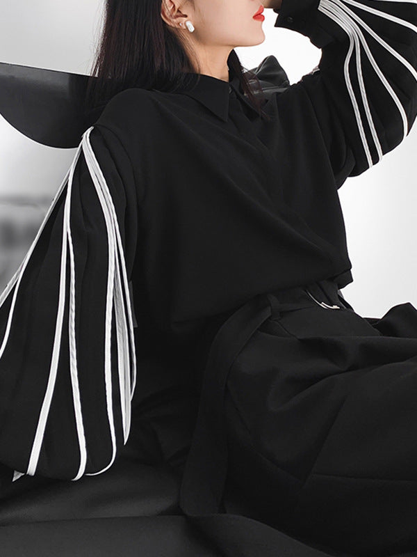 Buttoned Contrast Color Long Sleeves Loose Lapel Blouses&Shirts Tops