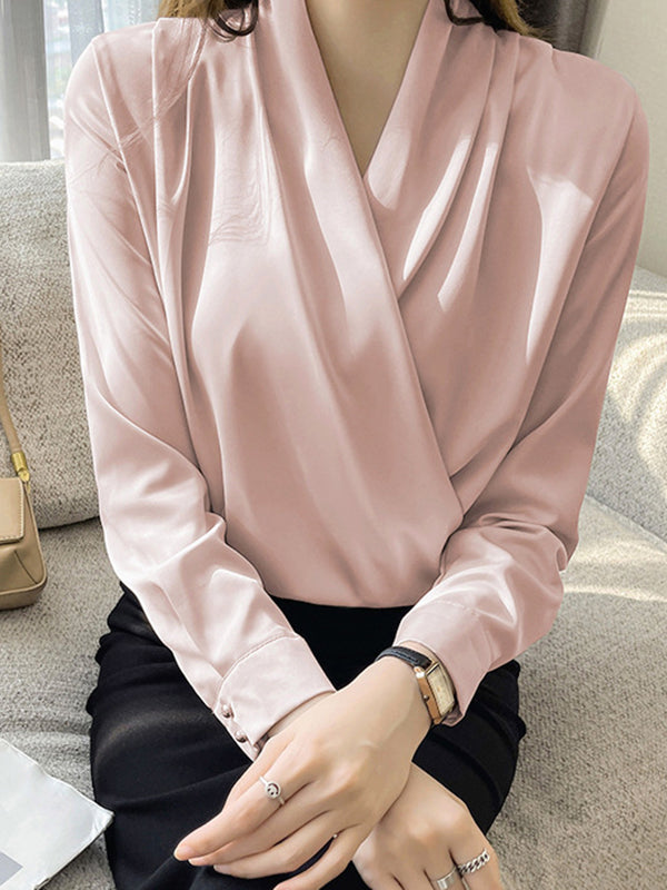 Buttoned Solid Color Long Sleeves Loose V-Neck Blouses&Shirts Tops