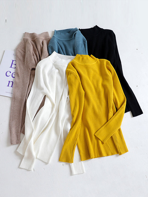 Solid Color Split-Joint Long Sleeves Skinny High Neck Sweater Tops