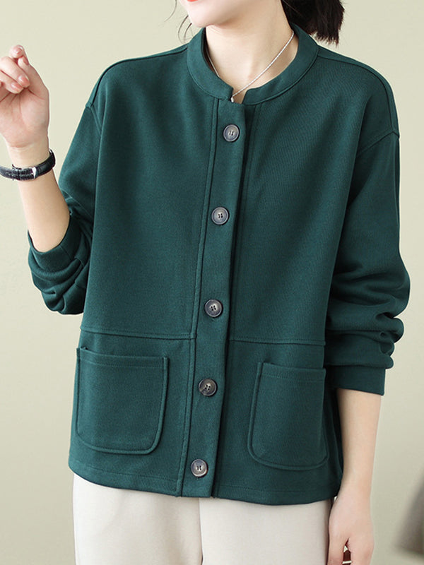 Buttoned Keep Warm Pockets Velvet Long Sleeves Loose Round-neck Outerwear