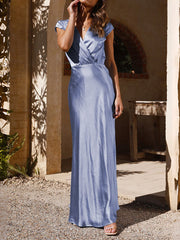 Pleated Solid Color Split-Joint Loose Short Sleeves V-Neck Maxi Dresses