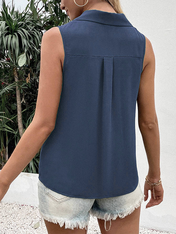 Buttoned Solid Color Split-Joint Loose Sleeveless V-neck Vest Top