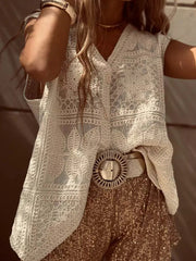 Buttoned Crochet Embroidered Loose Sleeveless V-Neck Vest Top