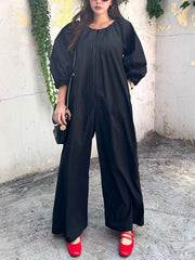 Elasticity Pleated Pockets Solid Color Long Sleeves Loose Round-neck Jumpsuits