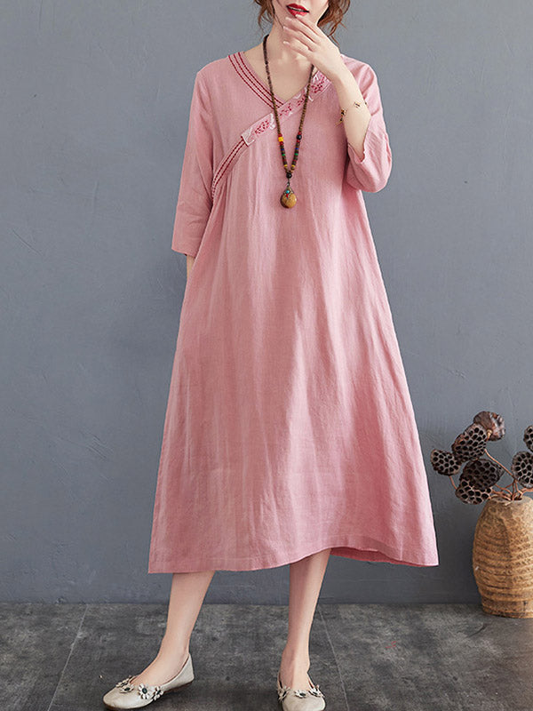 Cotton Blend V-Neck Embroidered Midi Dress