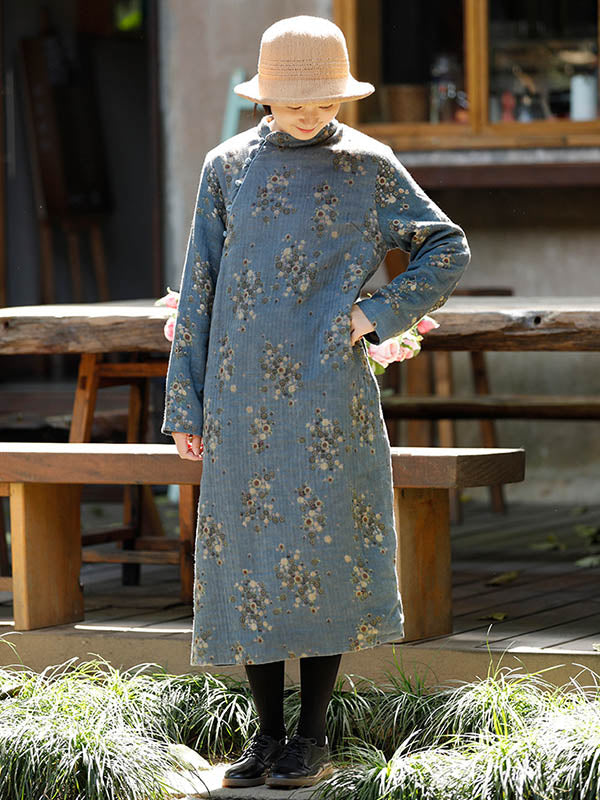 Vintage Loose Printed Keep Warm Velvet Midi Dress Long Cheongsam