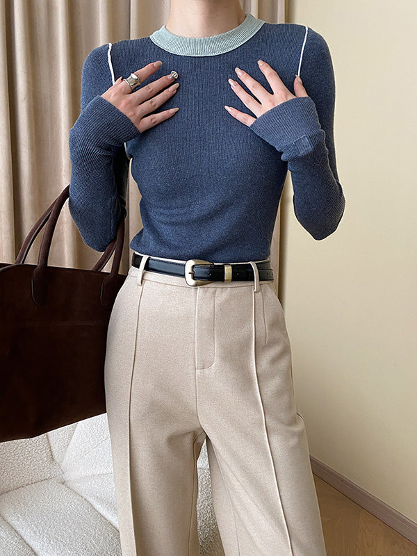 Contrast Color Split-Joint Long Sleeves Skinny Round-Neck Sweater Tops Pullovers