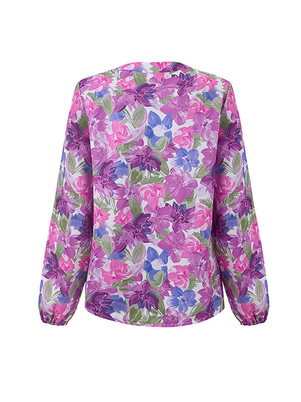 Elasticity Flower Print Long Sleeves Loose V-Neck Blouses&Shirts Tops