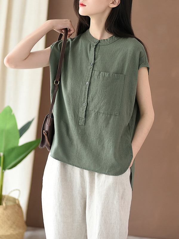 Solid Color Cap Sleeve High-Low Stand Collar Blouses&Shirts Tops