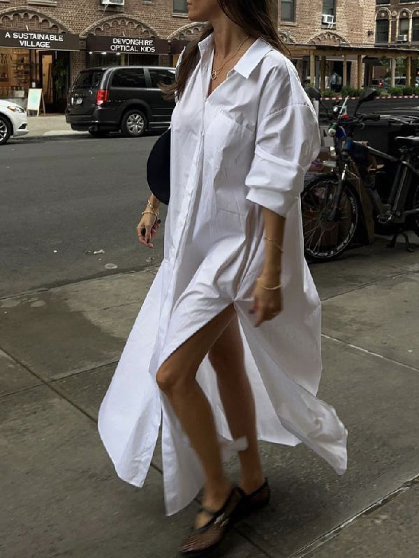 Buttoned Solid Color Split-Side Long Sleeves Loose Lapel Shirt Dress Maxi Dresses