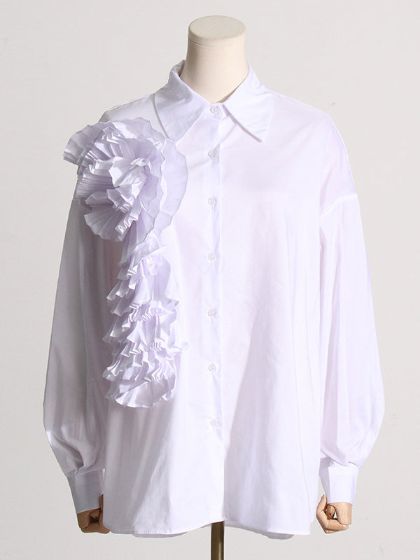 Asymmetric Buttoned Pleated Solid Color Split-Joint Three-Dimensional Flower Long Sleeves Loose Lapel Blouses&Shirts Tops