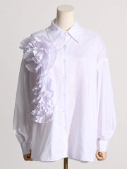Asymmetric Buttoned Pleated Solid Color Split-Joint Three-Dimensional Flower Long Sleeves Loose Lapel Blouses&Shirts Tops