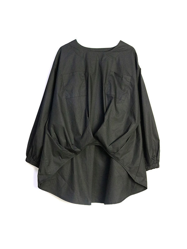 Pleated Solid Color Split-Joint High-Low Long Sleeves Round-Neck Blouses