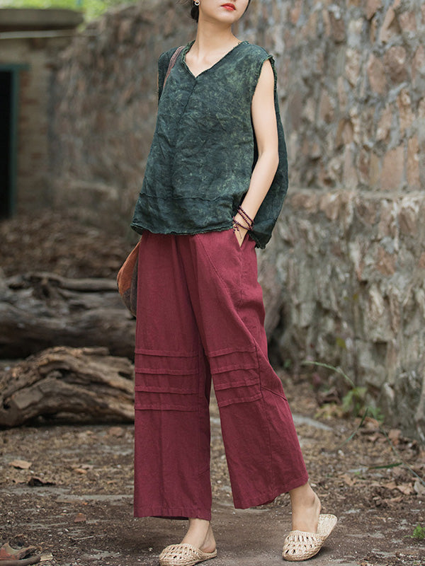 Pleated Solid Color Split-Joint High Waisted Loose Trousers Ninth Pants