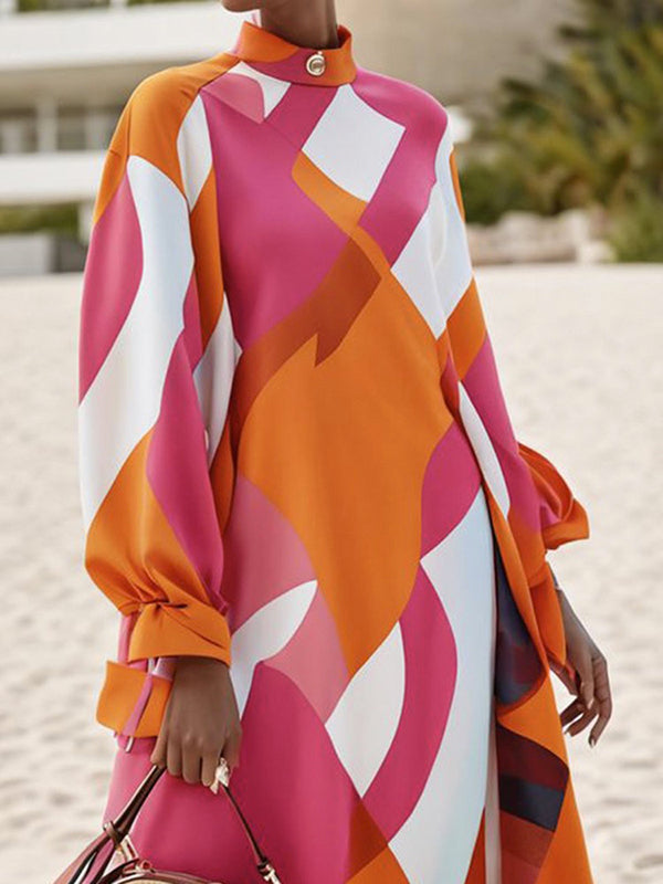 Printed A-Line Long Sleeves Mock Neck Midi Dresses