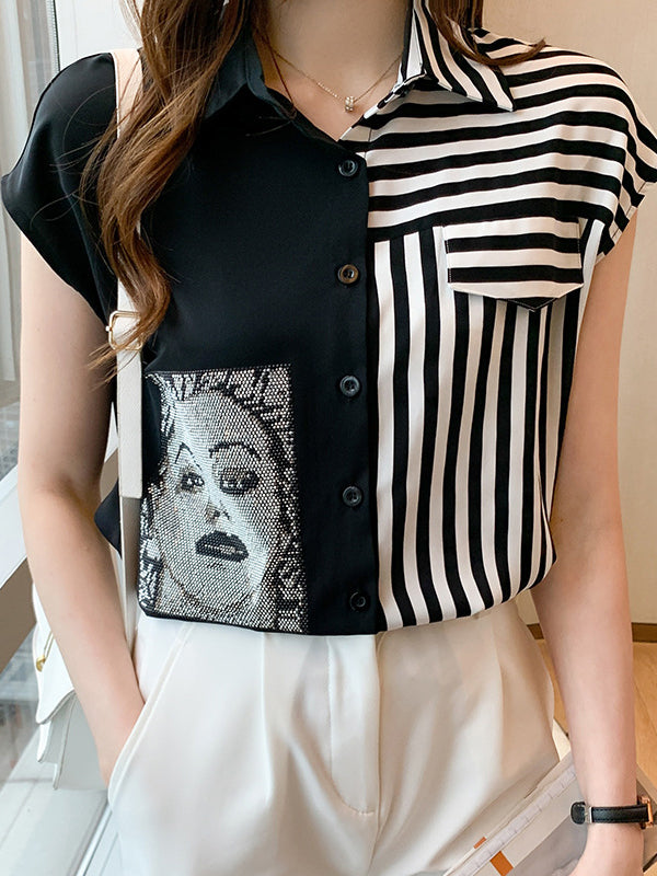 Asymmetric Figure Printed Cap Sleeve Loose Lapel Blouses&Shirts Tops