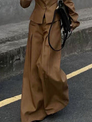 Buttoned Split-Joint Striped Long Sleeves Loose V-Neck Outerwear Blazer
