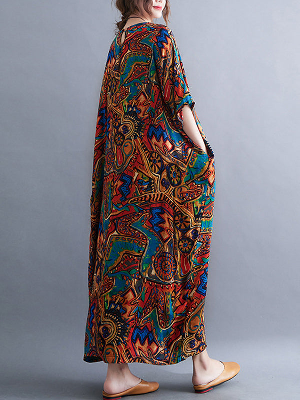 Original Artistic Retro Loose Printed Contrast Color Midi Dress