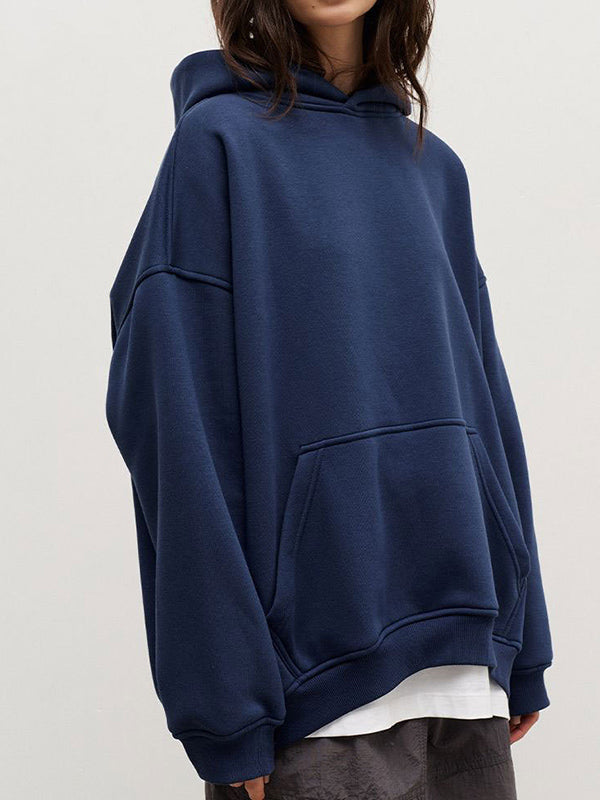 Pockets Solid Color Velvet Long Sleeves Loose Hooded Hoodies Tops