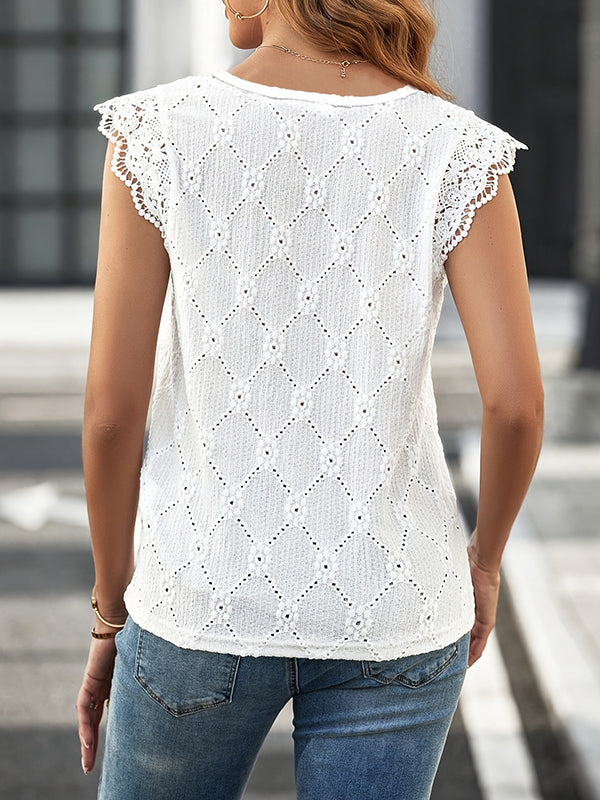 Hollow Solid Color Split-Joint Loose Sleeveless V-Neck Vest Top