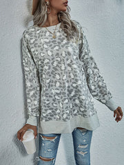 Leopard Split-Joint Split-side Long Sleeves Loose Round-neck Sweatshirt Tops