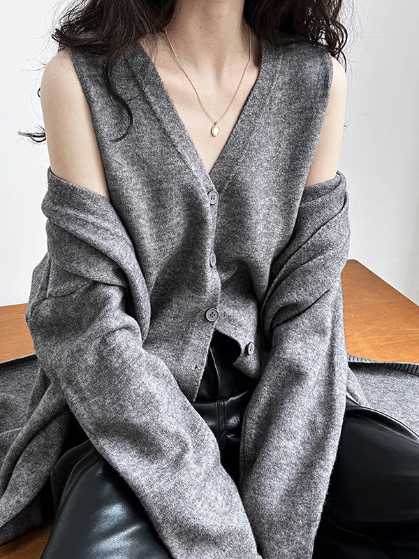 Buttoned Solid Color Long Sleeves Loose V-Neck Knit Vest + Cardigan Two Pieces Set