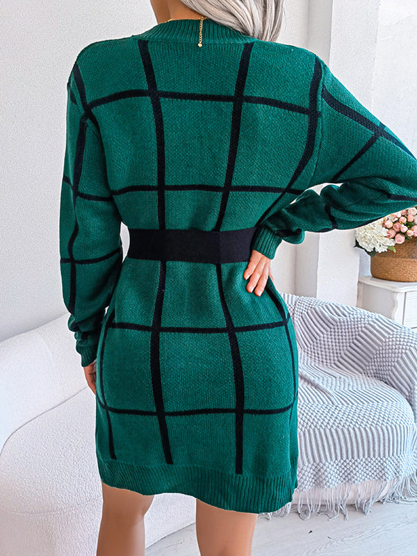 Belted Contrast Color Plaid Elasticated Waist Long Sleeves Round-Neck Sweater Dresses Mini Dresses
