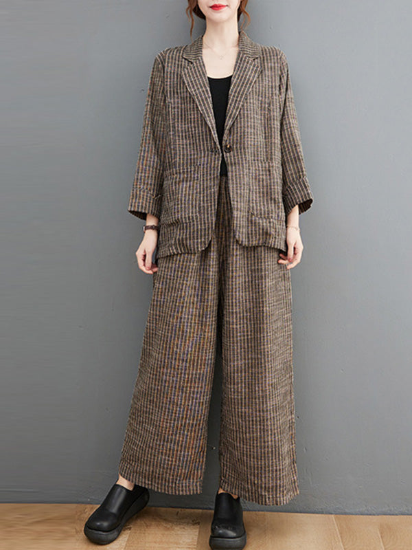 Vintage Ramie Cotton Notched Collar One Button Suits+Column Pants 2 Pieces Set