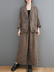 Vintage Ramie Cotton Notched Collar One Button Suits+Column Pants 2 Pieces Set
