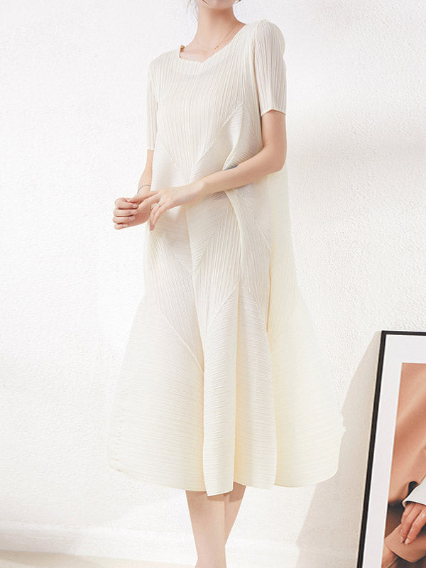 Pleated Solid Color High Waisted Loose Round-Neck Midi Dresses