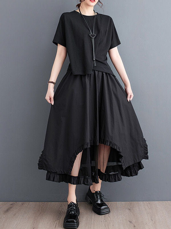 Elastics Gauze Solid Color Split-Joint Loose Skirts Bottoms