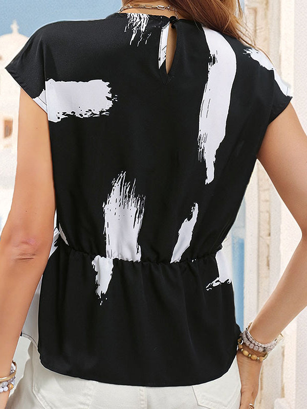 Contrast Color Printed Split-Joint Loose Short Sleeves Round-neck T-Shirts Tops