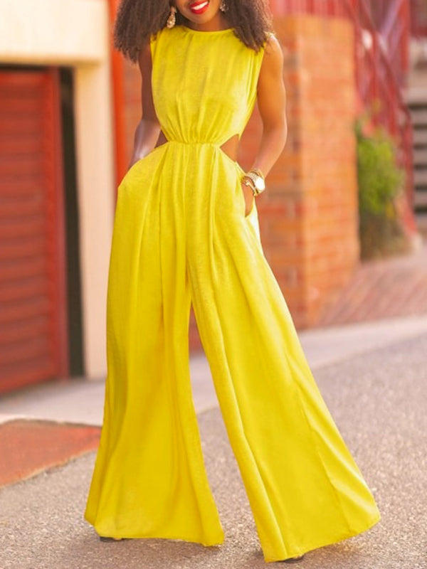 Hollow Solid Color Loose Wide Leg Round-neck Jumpsuits