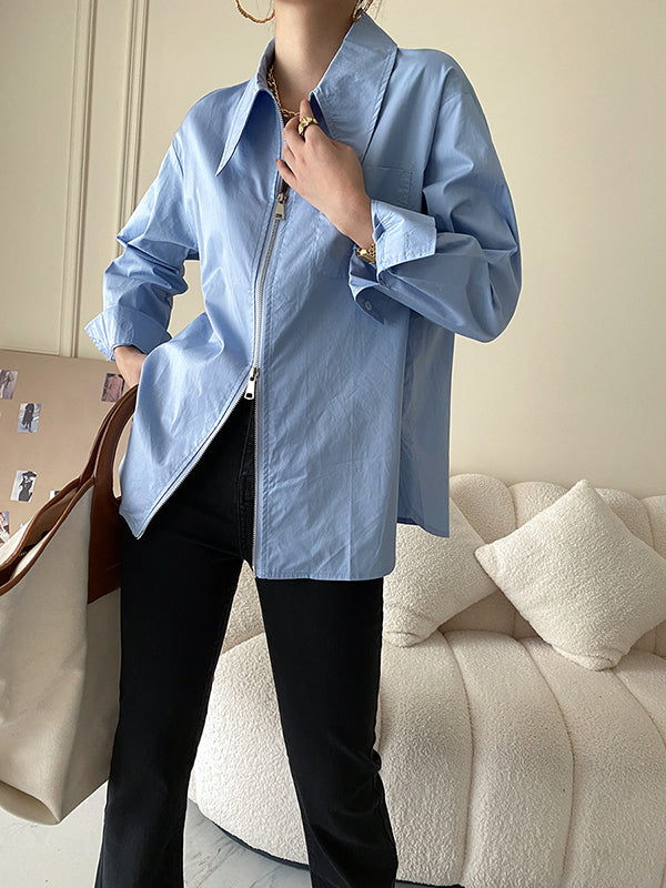 Long Sleeves Solid Color Zipper Lapel Collar Blouses
