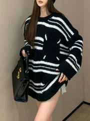 Split-Joint Striped Long Sleeves Loose Round-Neck Sweater