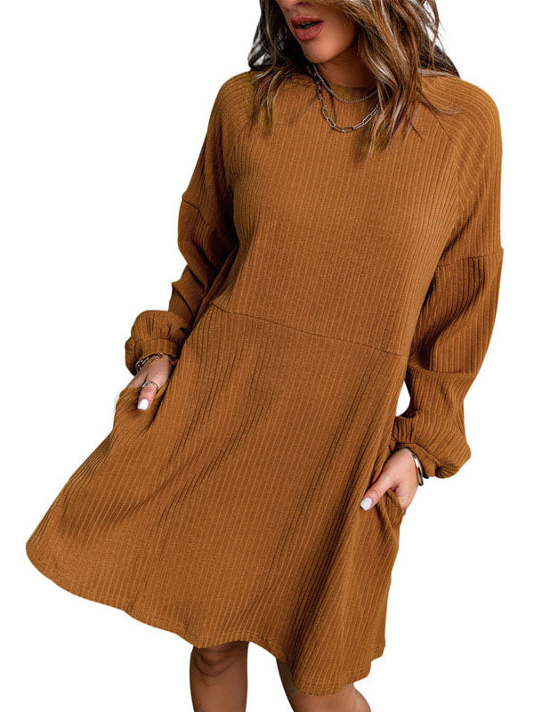 Solid Color Split-Joint A-Line High Waisted Round-Neck Mini Dresses