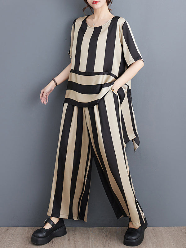 Striped Irregular clipping Loose Round-neck Two Pieces Set