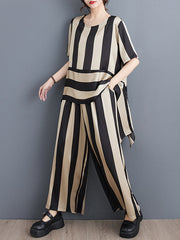 Striped Irregular clipping Loose Round-neck Two Pieces Set