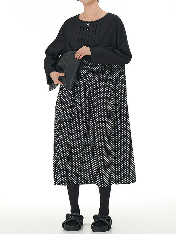 Contrast Color Elasticity Pleated Polka-Dot Split-Joint Long Sleeves Loose Round-Neck Midi Dresses