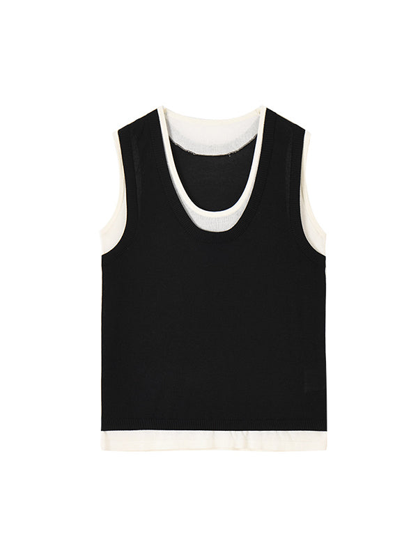 Contrast Color Split-Joint False Two Loose Round-neck Vest Top