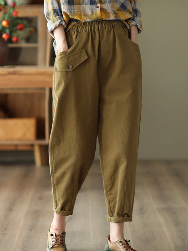 Artistic Retro Loose Solid Color Elasticity Casual Harem Pants Bottoms